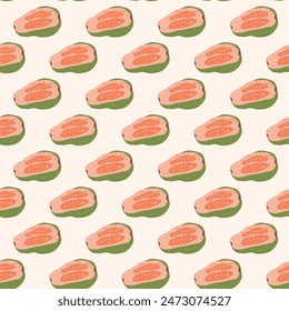 Guava seamless pattern. Tropical ripe half slices repeat background. Vector hand drawn flat illustration.