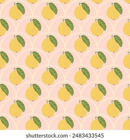 Patrón sin costuras de guayaba. Frutos maduros tropicales repiten el fondo estilizado. Patrón exótico de adorno de festón. Vector dibujado a mano ilustración plana.
