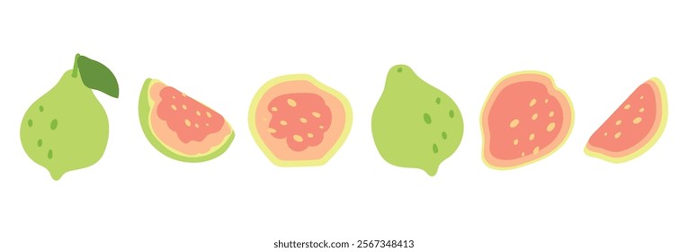 Guava set in flat style. Tropical, delicious fruits. Vector isolated image on transparent background. Summer freshness for health. For packaging, juice, label, sticker.