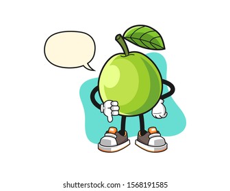 Guava thumbs down with speech bubble cartoon. Mascot Character vector.