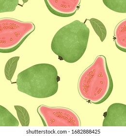 Guava tropical fruit on a yellow background. Food seamless pattern. Vector illustration in cartoon flat style.