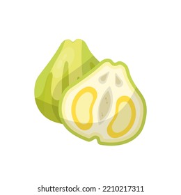 Ilustración de vectores de frutas tropicales de guayaba. Caricatura aislada fruta fresca sin madurar, cortada a la mitad con pulpa verde y cáscara, ingrediente alimenticio jugoso exótico para comer y cocinar postre, bocadillo vitamínico