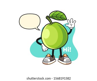 Guava wave hand with speech bubble cartoon. Mascot Character vector.