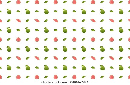 Guayaba entera, hoja y trozo sin soldadura. Hermoso patrón vectorial sin fisuras con guayaba entero, hojas y piezas de guayaba. Doodles. Adecuado para papel pintado, texturas superficiales, textiles.