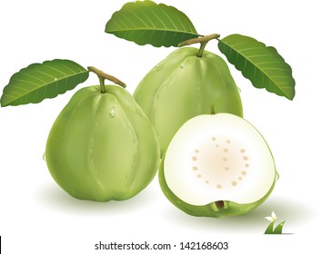 Guavas With Leaves And Guava Were Cut Into Pieces