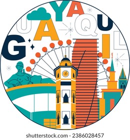 Establecimiento de viajes culturales Guayaquil, arquitecturas famosas, Ecuador en diseño plano. Concepto de viajes de negocios y turismo. Imagen para presentación, banner, sitio web, anuncio, volante, hoja de ruta, iconos