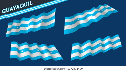 Guayaquil - ECUADOR city flag. Light blue and white. White stars. Flat and waving Guayaquil Flag. Vector illustration. Flag wavy abstract background. 