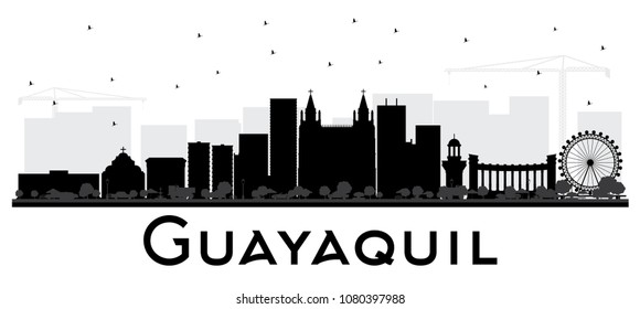 Guayaquil Ecuador City Skyline with Black Buildings Isolated on White. Vector Illustration. Business Travel and Tourism Concept with Historic Architecture. Guayaquil Cityscape with Landmarks.