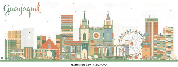 Guayaquil Ecuador City Skyline with Color Buildings. Vector Illustration. Business Travel and Tourism Concept with Historic Architecture. Guayaquil Cityscape with Landmarks.
