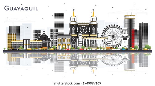 Guayaquil Ecuador City Skyline with Color Buildings and Reflections Isolated on White. Vector Illustration. Travel and Tourism Concept with Historic Architecture. Guayaquil Cityscape with Landmarks.