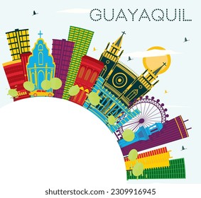Guayaquil Ecuador City Skyline with Color Buildings, Blue Sky and Copy Space. Vector Illustration. Business Travel and Tourism Concept with Historic Architecture. Guayaquil Cityscape with Landmarks.