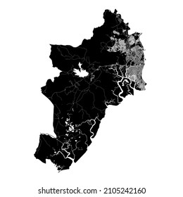 Guayaquil, Ecuador, high resolution vector map with city boundaries, and editable paths. The city map was drawn with white areas and lines for main roads, side roads and watercourses on a black