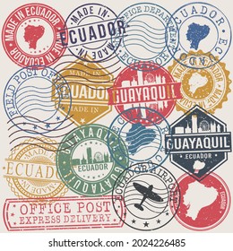 Guayaquil, Ecuador Set of Stamps. Travel Stamp. Made In Product. Design Seals Old Style Insignia.