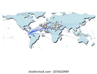 Guayaquil-Ecuador in concept vector illustration, map showing flights from Guayaquil-Ecuador to major cities around the world.
