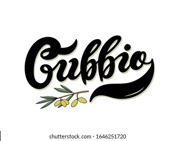 Gubbio. The name of the Italian city in the region of Umbria. Hand drawn lettering. Vector illustration. Best for souvenir products.