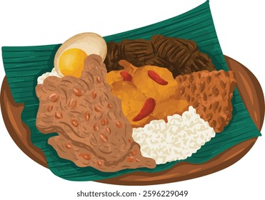 Gudeg Indonesian Traditional Food vector illustration with egg, tofu, banana leaf isolated background
