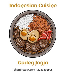 Gudeg jogja with egg, with different types of meat and vegetables. Indonesian traditional food 