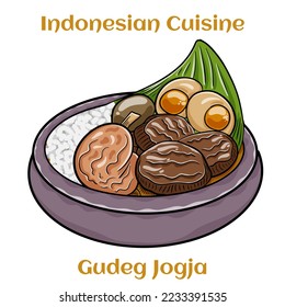 Gudeg Jogja mit Ei, mit verschiedenen Arten von Fleisch und Gemüse. Traditionelle indonesische Küche 
