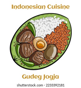 Gudeg jogja with egg, with different types of meat and vegetables. Indonesian traditional food 