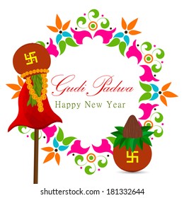 Gudi padwa Indian lunar new year's Day celebrated by Marathi Hindus, Konkani with clay pot,kalash,flower,coconut.Eps10