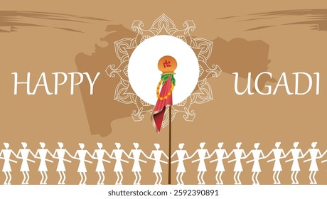  A Gudi in a white circle against a beige background with a faint map outline HAPPY UGADI is written above and stylized figures holding hands are at the bottom