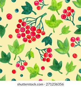 Guelder rose berries, branches and leaves. Viburnum opulus. Ukrainian national symbol. Seamless vector patterns. Watercolor painting. Hand drawn. Red, green, beige colors. 