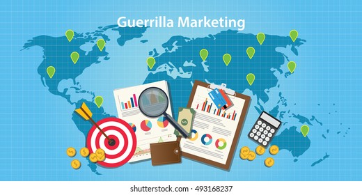 guerilla marketing concept with world map and graph and chart with goals target