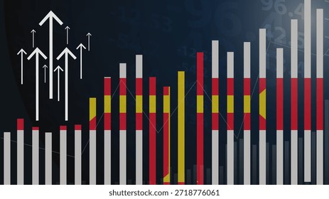 Gráfico de barras de Guernsey con altibajos, valores crecientes, bandera de Guernsey en el gráfico de barras, flecha ascendente hacia arriba en los datos, idea de Anuncio de noticias, concepto de país en desarrollo