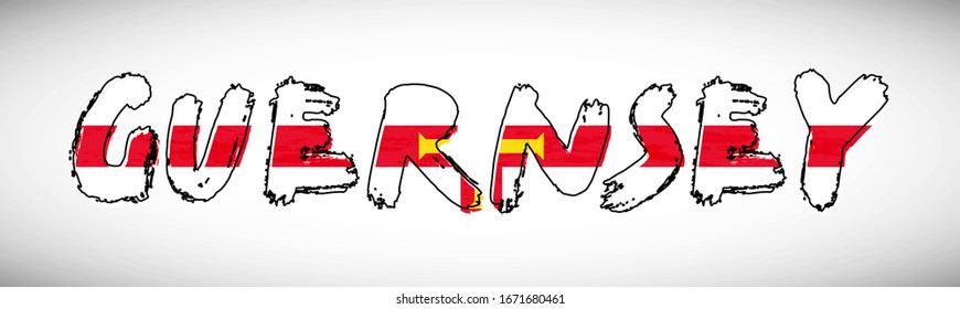 Guernsey flag on text typography. Country name banner strip. Abstract typography background.