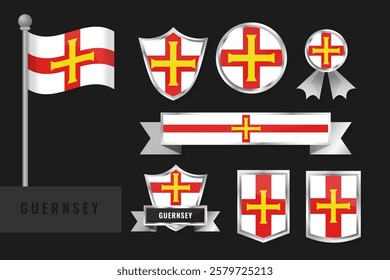 Guernsey flag set. Collection of Guernseyman and Guernsewoman national emblems. Flat design of flags collection.