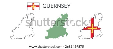 Guernsey geographical borders isolated on white background. Flag of Guernsey. Vector flat cliparts.