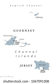 Guernsey and Jersey political map. Channel Islands. Crown dependencies. Archipelago in English Channel off the French coast of Normandy. English labeling. Gray illustration on white background. Vector