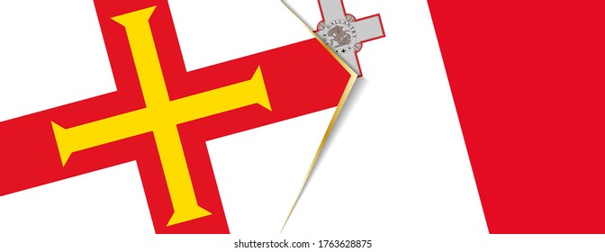 Guernsey and Malta flags, two vector flags symbol of relationship or confrontation.