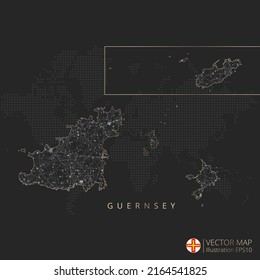 Mapa de Guernsey mesh abstracta concepto de luz poligonal de malla geométrica con líneas de contorno de color negro y blanco países y puntos sobre fondo oscuro. Ilustración vectorial.