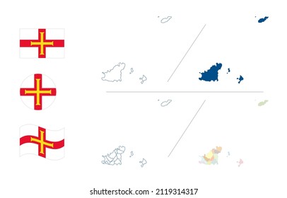 Guernsey map. Detailed blue outline and silhouette. Administrative divisions and parishes. Country flag. Set of vector maps. All isolated on white background. Template for design.