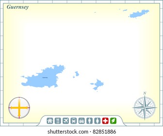 Guernsey Map with Flag Buttons and Assistance & Activates Icons Original Illustration