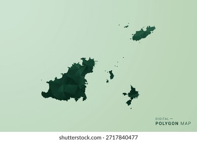 Mapa de Guernsey - Ilustração de vetor estilo polígono verde, design geométrico de baixa poly com silhueta limpa no plano de fundo verde suave.