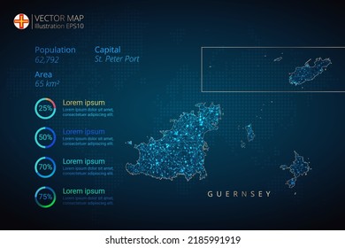 Guernsey map infographics vector template with abstract geometric mesh polygonal light concept on blue background. Template for diagram, graph, presentation and chart.