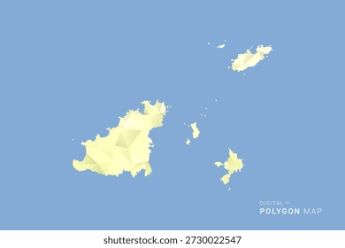 Mapa de Guernsey en estilo de Vector de polígono bajo, ilustración de forma geométrica con tonos amarillos suaves sobre fondo azul, silueta limpia para infografía.