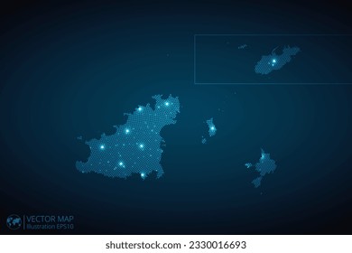 Guernsey map radial dotted pattern in futuristic style, design blue circle glowing outline made of stars. concept of communication on dark blue background. Vector EPS10