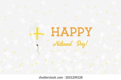 Guernsey National Day patriotic poster. Flying Rubber Balloon in Colors of the Channel Islander Flag. Guernsey National Day background with Balloon, Confetti, Stars, Bokeh and Sparkles.