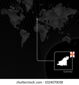 Guernsey on black World Map. Map and flag of Guernsey.