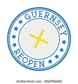 Guernsey Reopening Stamp. Round badge of country with flag of Guernsey. Reopening after lock-down sign. Vector illustration.