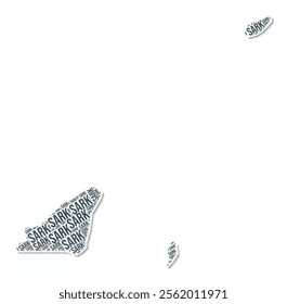 Guernsey shape text cloud. Country border with shadow on white background. Guernsey with regions division in vintage gazette style. Elegant vector illustration.