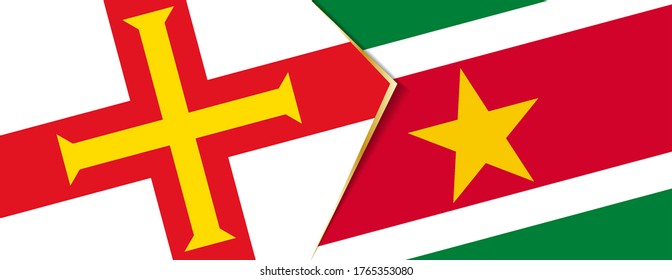Guernsey- und Suriname-Flaggen, zwei Vektorfahnen Symbol für Beziehung oder Konfrontation.