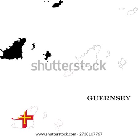 Guernsey Territory Maps Bundle with National Flag, Black Silhouette and Detailed Outline Contours