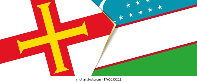 Banderas de Guernsey y Uzbekistán, dos banderas vectoriales símbolo de relación o enfrentamiento.