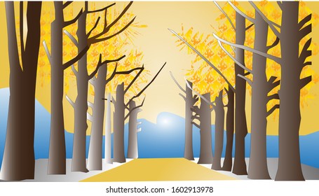 Guernsey Vector Illustration Consisting of trees A group of yellow leaves, mountains, sky