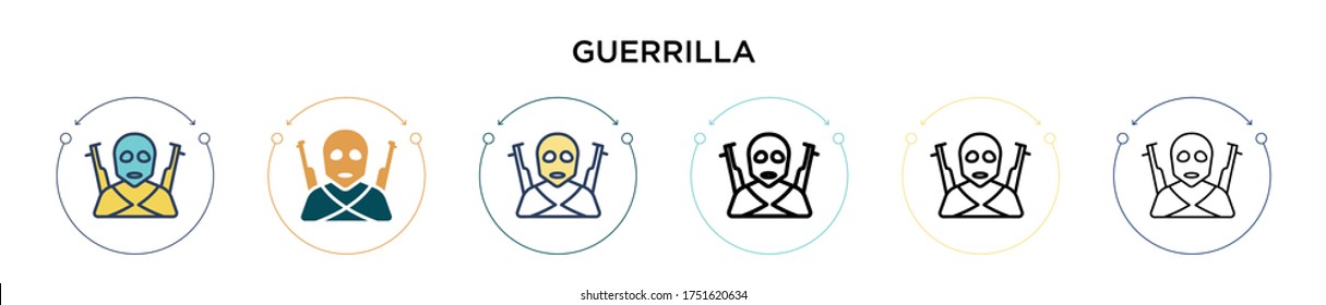 Icono de guerrilla en estilo relleno, delgado, contorno y trazo. Ilustración vectorial de dos iconos de la guerrilla de color y negro para móviles, ui, web