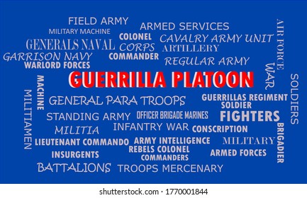 Palabra de sección de guerrilla mostrada en sombra blanca de color rojo con texto relacionado sobre el vector de fondo azul abstracto para fines info.  
